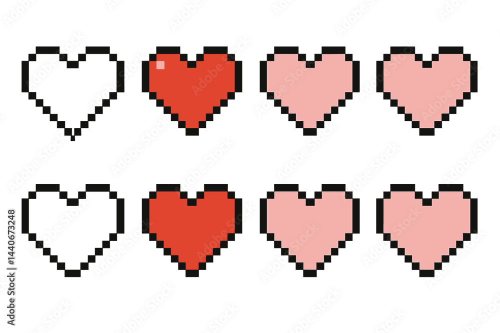 Poster pixelated hearts in various colors arranged in two rows depicting love and affection in digital art 