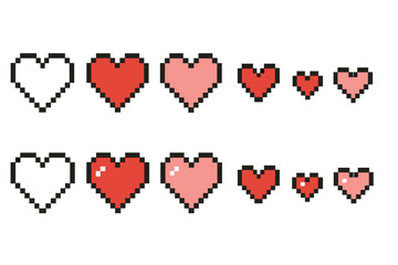 Pixel hearts in various shades and sizes representing love and affection in digital art