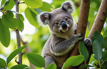Obraz premium Koala perched on tree branch, surrounded by eucalyptus leaves, serene gaze.