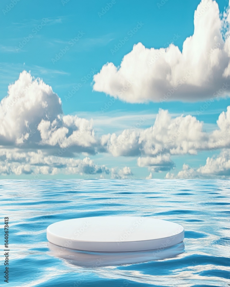 Poster serene ocean stage under a vibrant sky with fluffy clouds for product display and presentation, show