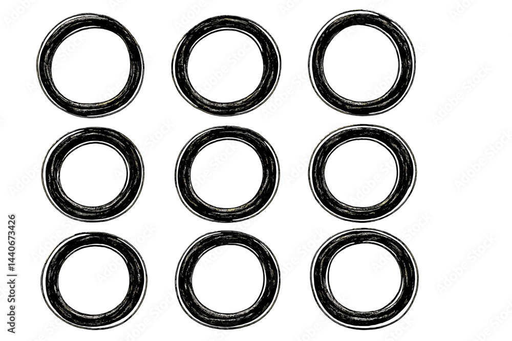 Poster multiple black circular rings arranged in a grid pattern on a white background showcasing simple geo