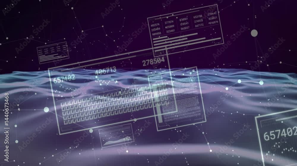 Poster floating translucent data panels moving across purple backdrop showing network nodes and numbers