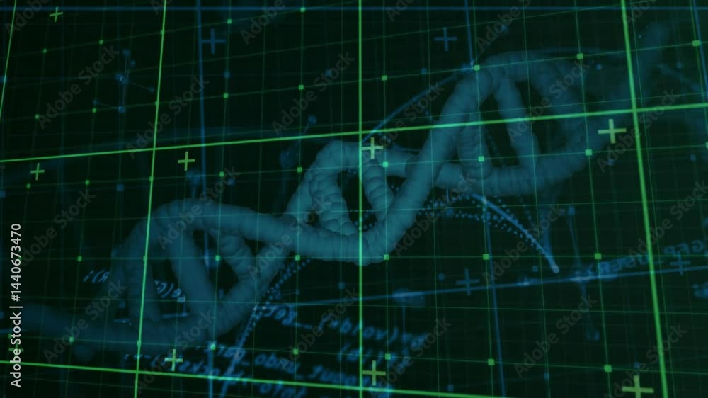 Poster dna double helix being visualized on digital screen, featuring green grid lines and trajectory arcs