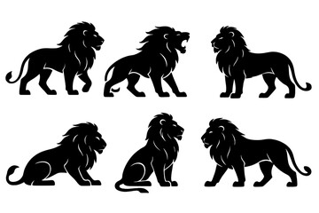 Different poses of lions illustrated in a sleek black silhouette style, showcasing their strength and majesty in wildlife