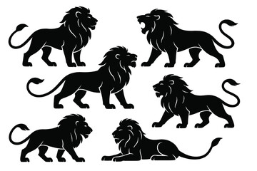 Different poses of lions in a stylized black silhouette design suitable for artistic projects and educational materials