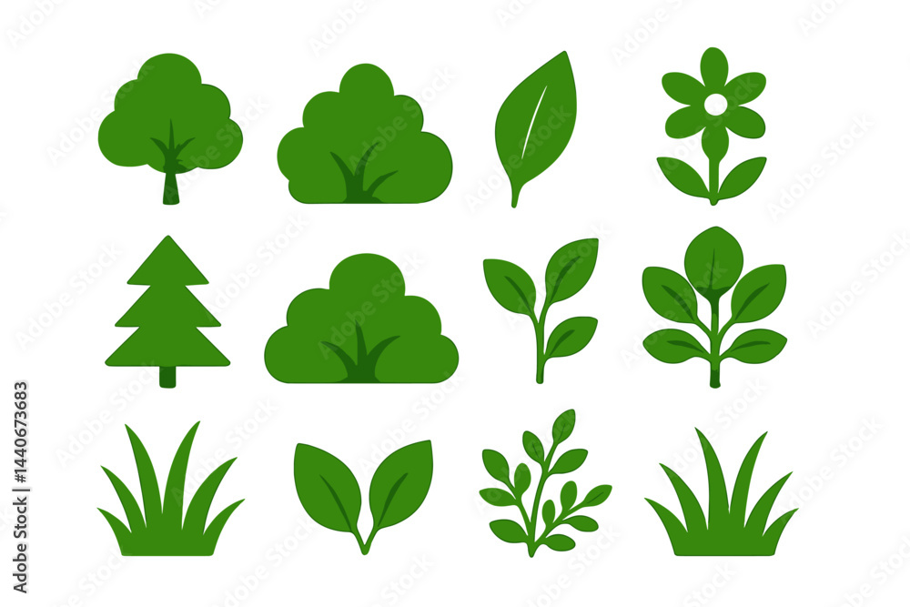 Poster various green plant icons arranged in a grid, showcasing different types of foliage and natural elem