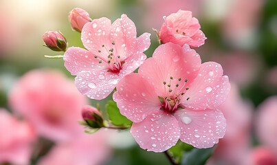 Obraz premium Pink flowers with water droplets closeup