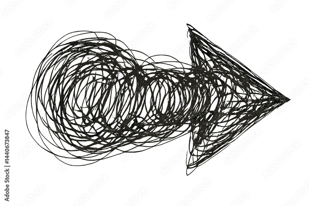 Poster abstract arrow design created with swirling lines on a white background, visually guiding the viewer