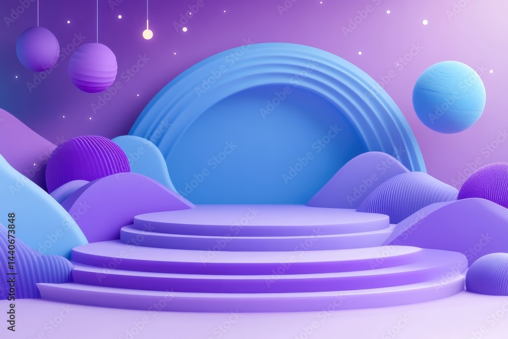 Poster dreamy pastel podium backdrop with spheres for product display in a serene studio setting showcasing