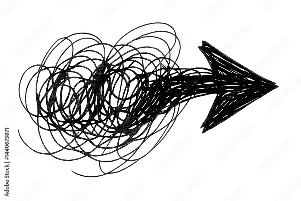 Poster dynamic black arrow design with tangled lines indicating movement and direction, ideal for creative 