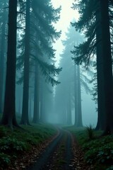Fototapeta premium Silent forest with tall trees and a misty atmosphere, natural scenery, mist, eerie