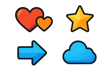 Icons featuring hearts, a star, an arrow, and a cloud designed for digital communication and creative projects