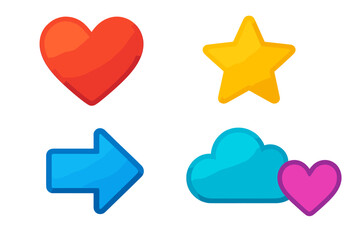 Colorful shapes include heart, star, arrow, and cloud with a heart during a digital design session