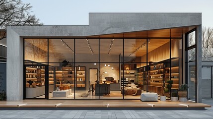Modern boutique storefront featuring floor-to-ceiling windows and a minimalist interior design, with neutral tones and clean lines 