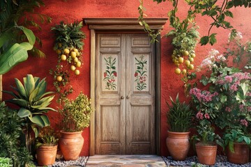 Ornate wooden door set against a vibrant red wall.