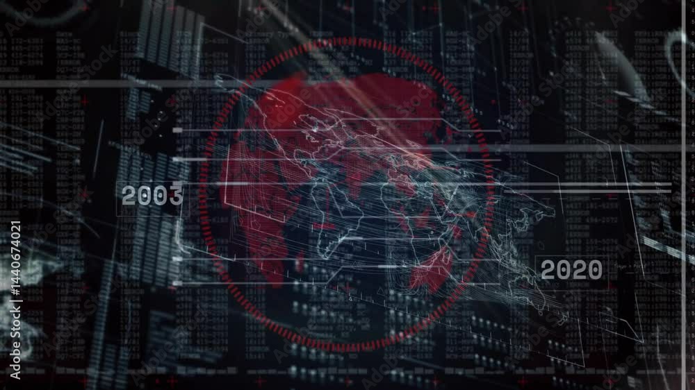 Poster wireframe globe being animated in 3d illustration, showing red gauge, network lines, error logs