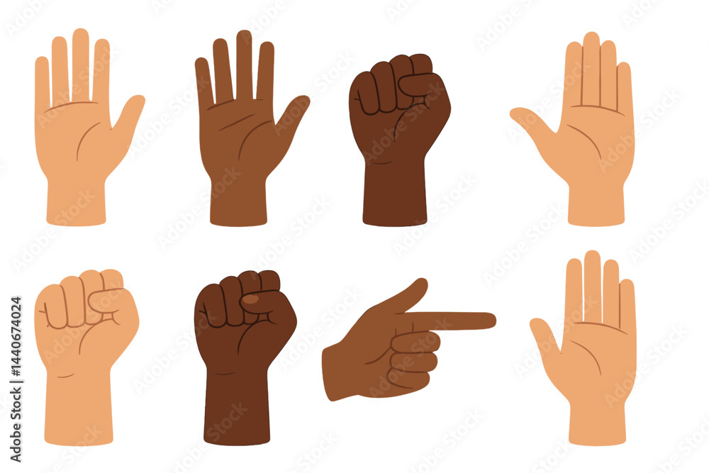 Poster various hand gestures showcasing different skin tones and positions emphasizing communication and ex