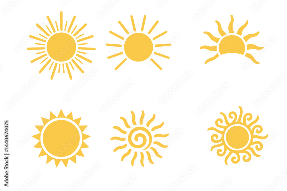 Poster symbols of sunshine in various styles and designs created on a bright background showcasing differen