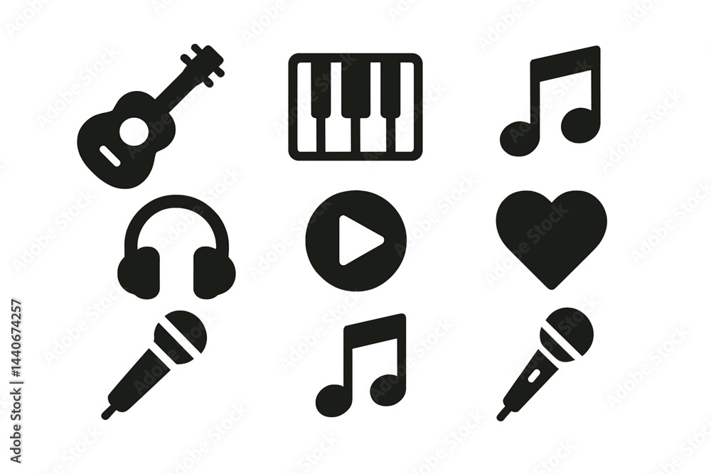 Poster music icons representing various instruments and audio elements designed for creative projects and d