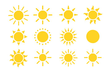 Collection of bright yellow sun icons showcasing various designs and styles perfect for summer themes and cheerful graphics