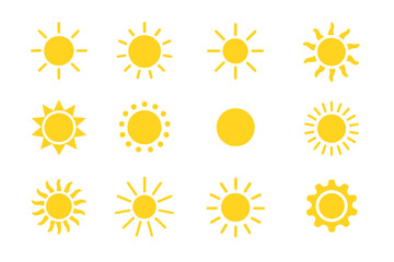 Various sun icons with different designs showcasing a range of sunny weather representations on a white background