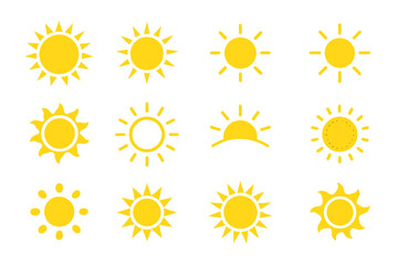 Bright yellow sun symbols representing various sun phases and styles for creative design and illustration