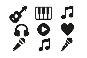Music icons representing various instruments and audio elements designed for creative projects and digital content