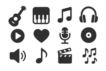 Music icons and symbols representing various aspects of audio entertainment and musical expression