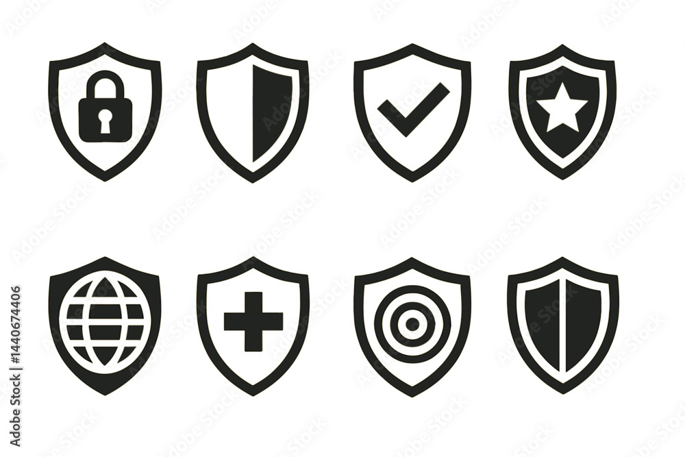 Poster collection of security shield icons representing various concepts in a simple and modern design
