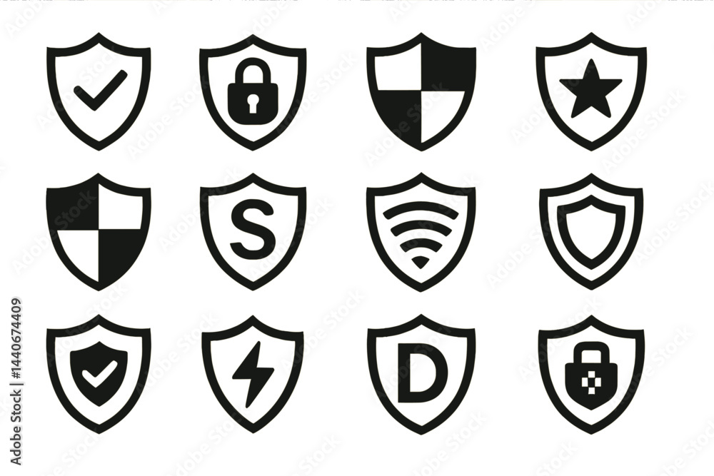 Aufkleber collection of black shield icons symbolizing security features and protection available for various 