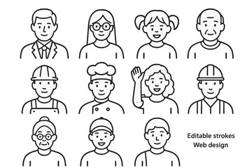 Diverse group of people representing various professions in a simple line art style designed for web use