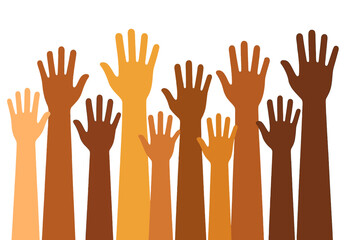 Many hands reach up in a display of unity and support during a community gathering outdoors on a sunny day