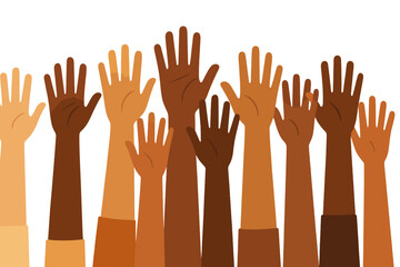 Community members raise hands in unity to express support during an outdoor gathering in the afternoon sunlight