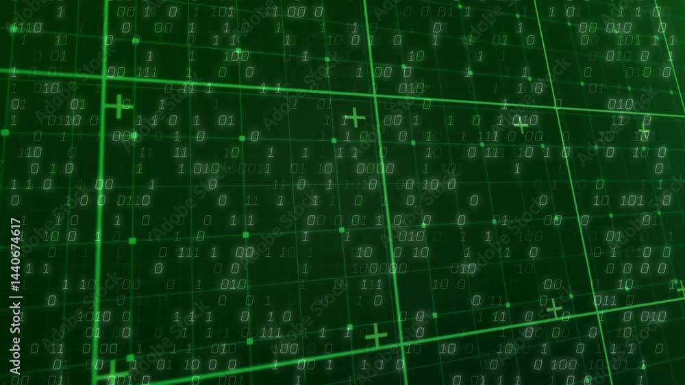 Poster abstract neon green grid being animated, with glowing binary digits and floating plus symbols