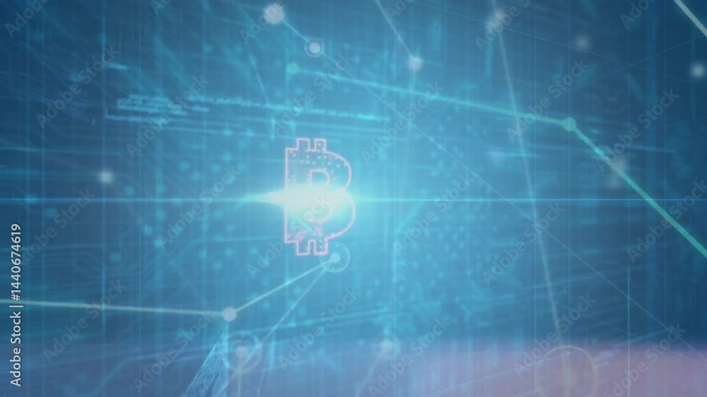 Poster glowing bitcoin symbol pulsing at center, floating amid blue blockchain grid nodes in flat design