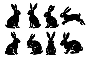 Fototapeta premium Silhouettes of rabbits in various poses showcasing natural movements and activities in a simple and artistic style