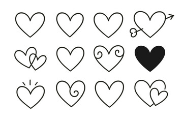 Variety of heart shapes in a simple design showing love and affection in black and white colors