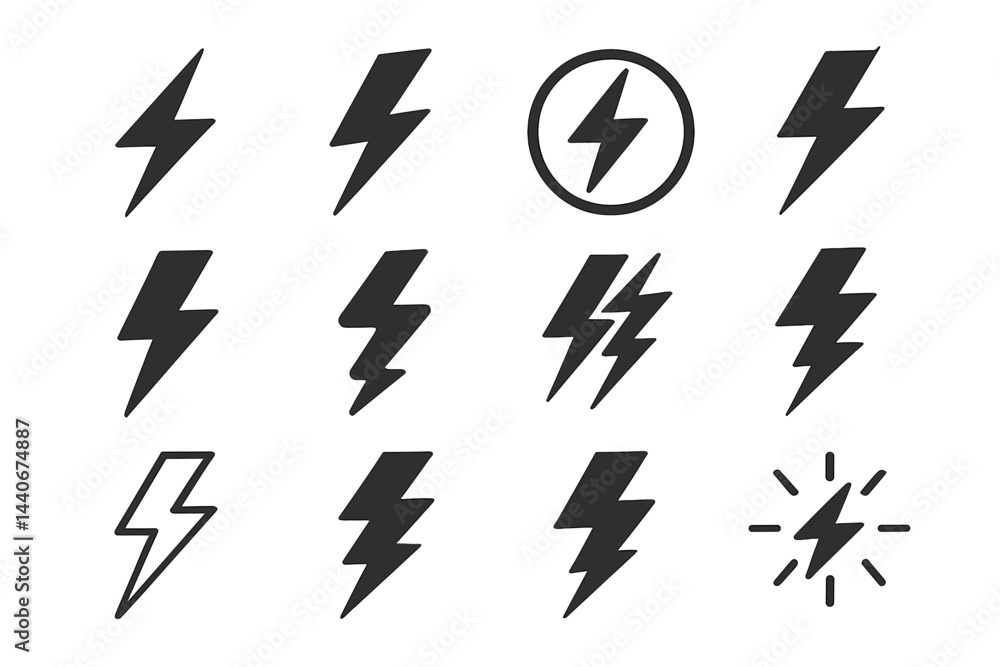 Poster collection of lightning bolt icons showcasing various styles and designs for graphic use and digital