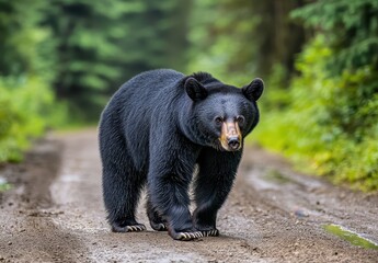 Majestic black bear walking on a forest path surrounded by lush greenery in a serene natural habitat demonstrating wildlife beauty and biodiversity.