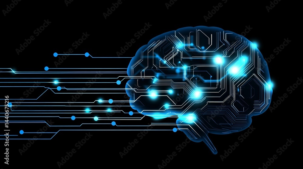 Poster futuristic neural network brain with glowing circuitry on black background