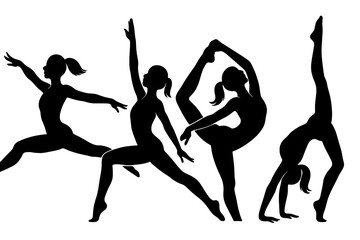 Dynamic ballet dancers performing elegant movements in silhouette form against a plain backdrop during a dance rehearsal