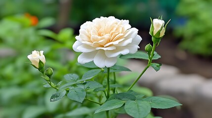 Obraz premium Delicate ivory rose bloom with buds, verdant leaves, and soft background greenery