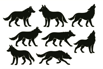 Silhouettes of wolves in various poses captured in a minimalist style ideal for nature artwork and educational purposes