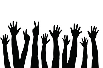 Hands raised in unity during a demonstration for social justice in the city center on a bright sunny day