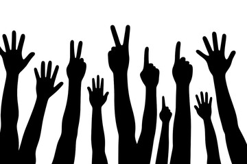 Multiple hands raised in support during a rally showing various gestures of peace and unity in a public space