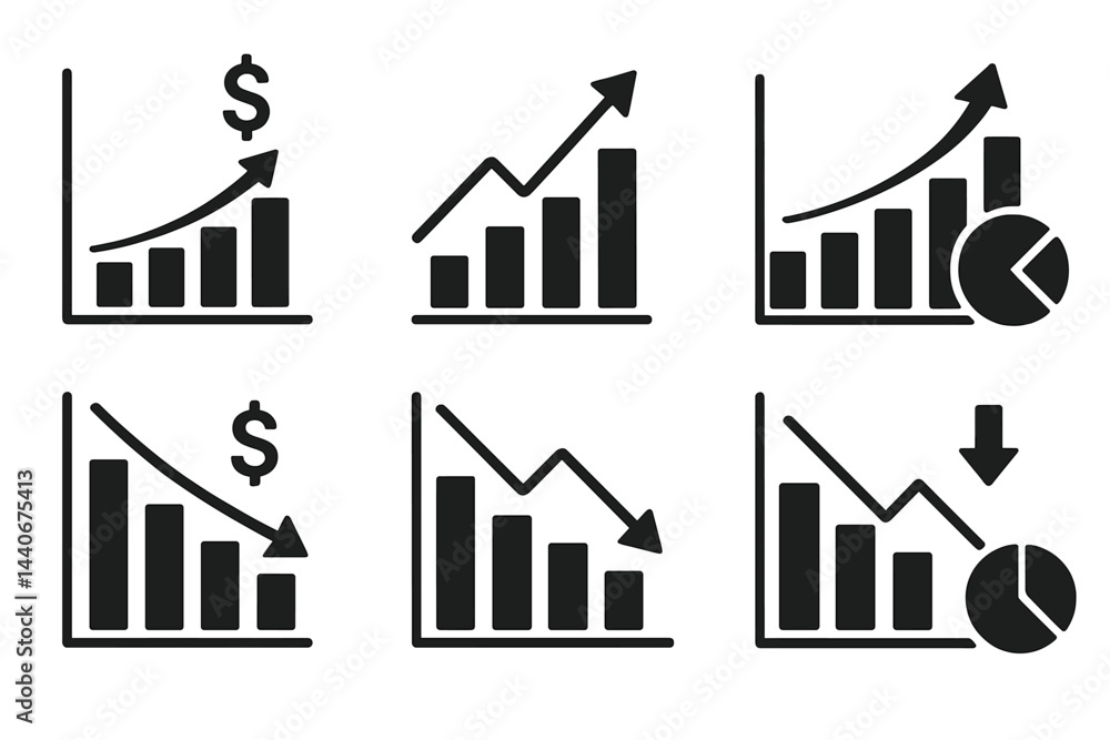 Poster data visualization of financial trends with upward and downward charts displaying market analysis
