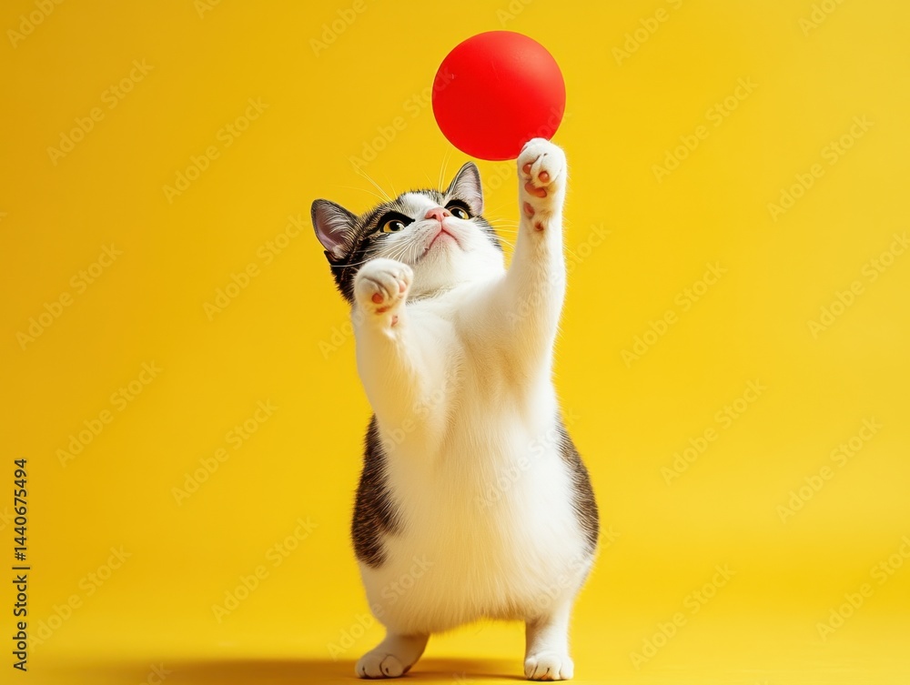 Poster tabby cat playing with a red ball on a yellow background in a studio setting with bright light looki