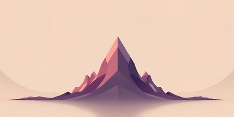 Low poly mountain range with a peak reflected in water against a pastel colored sky background