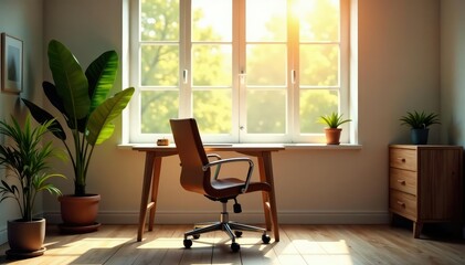 Fototapeta premium Empty chair at desk facing window, sunlit room, background, minimal, unoccupied