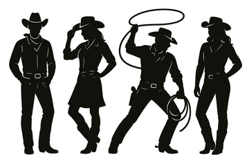 Western cowboy and cowgirl silhouettes in dynamic poses against a clean backdrop